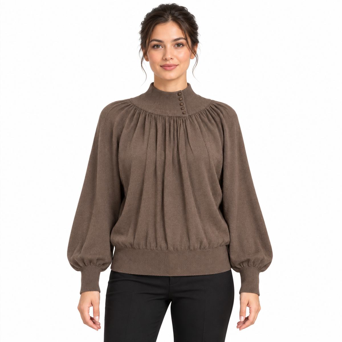 Pull femme en maille à col montant boutonné et manches bouffantes