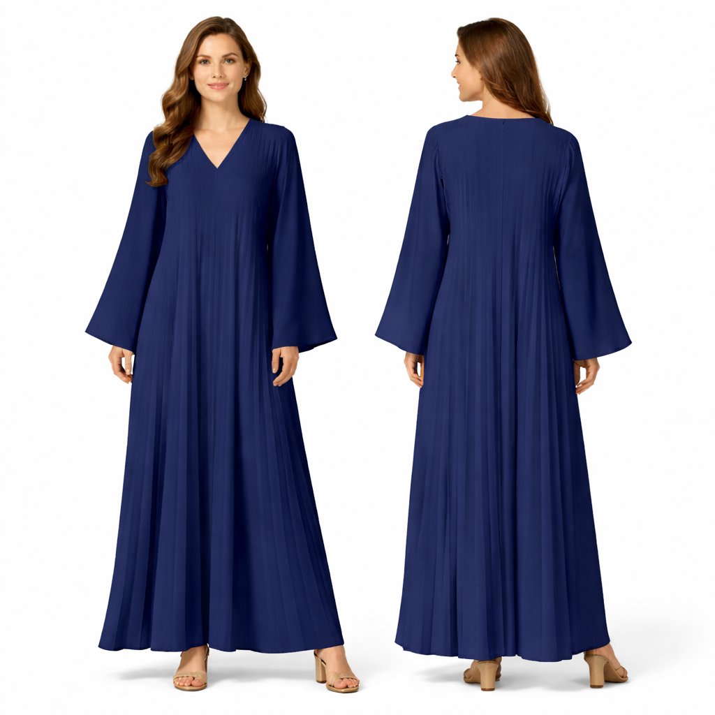 Robe longue plissée fluide col V – manches larges coupe oversize élégante