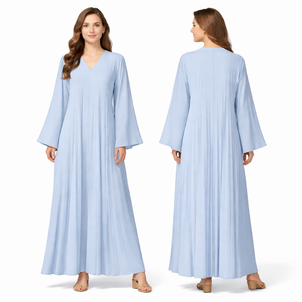 Robe longue plissée fluide col V – manches larges coupe oversize élégante