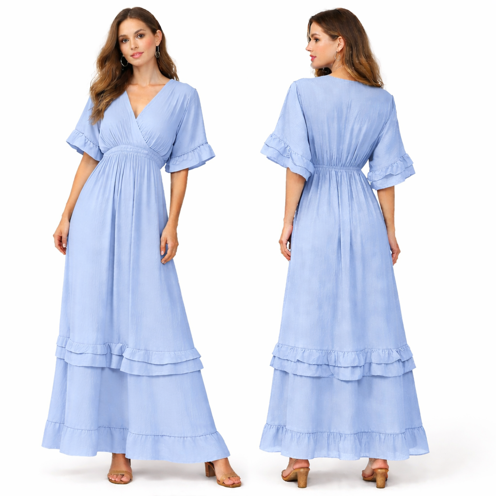 Robe longue fluide plissée col croisé – double volant bas & manches volantées