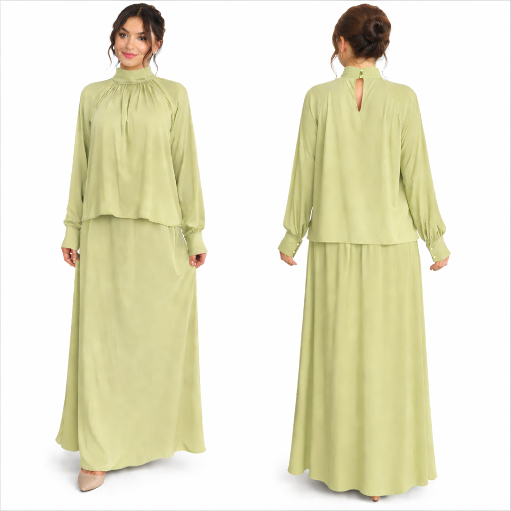 Conjunto falda larga fluida + top mangas largas cuello alto – atuendo elegante chic
