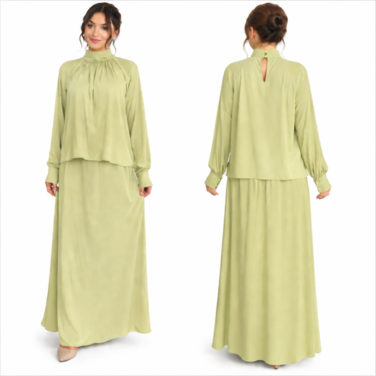 nsemble jupe longue fluide + haut manches longues col montant – tenue élégante chic