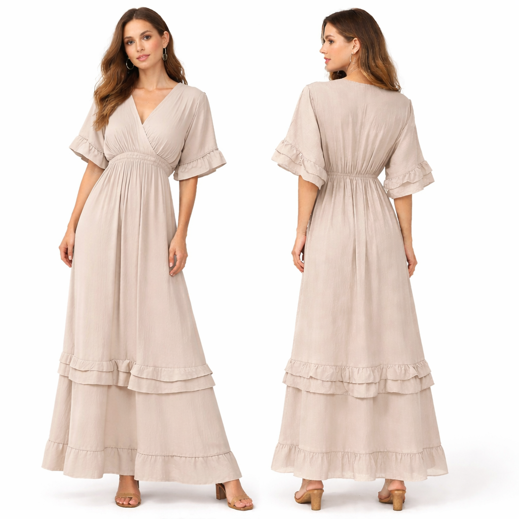 Robe longue fluide plissée col croisé – double volant bas & manches volantées