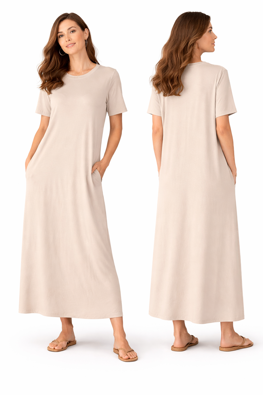 Robe Longue Fluide Femme – Coupe Oversize Confort – Manches Courtes – Poches Invisibles – Style Casual Chic
