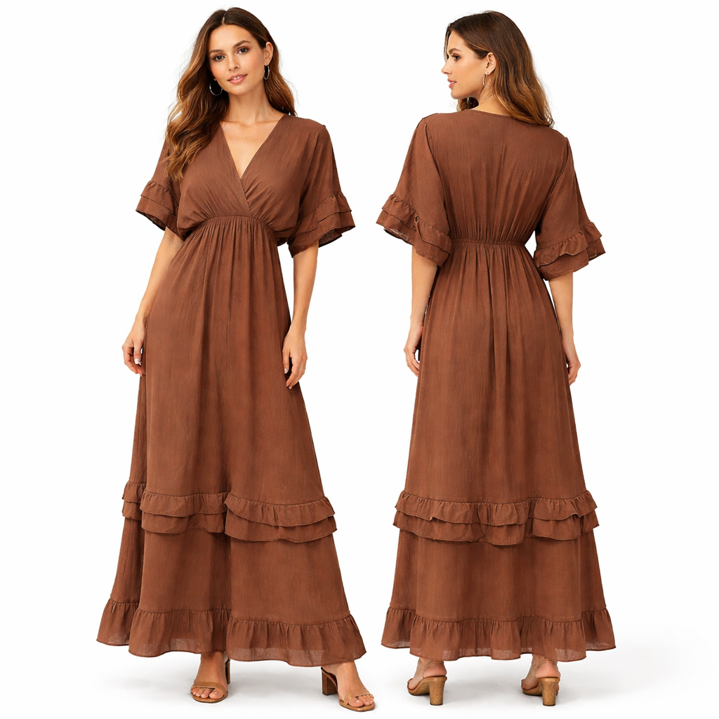 Robe longue fluide plissée col croisé – double volant bas & manches volantées