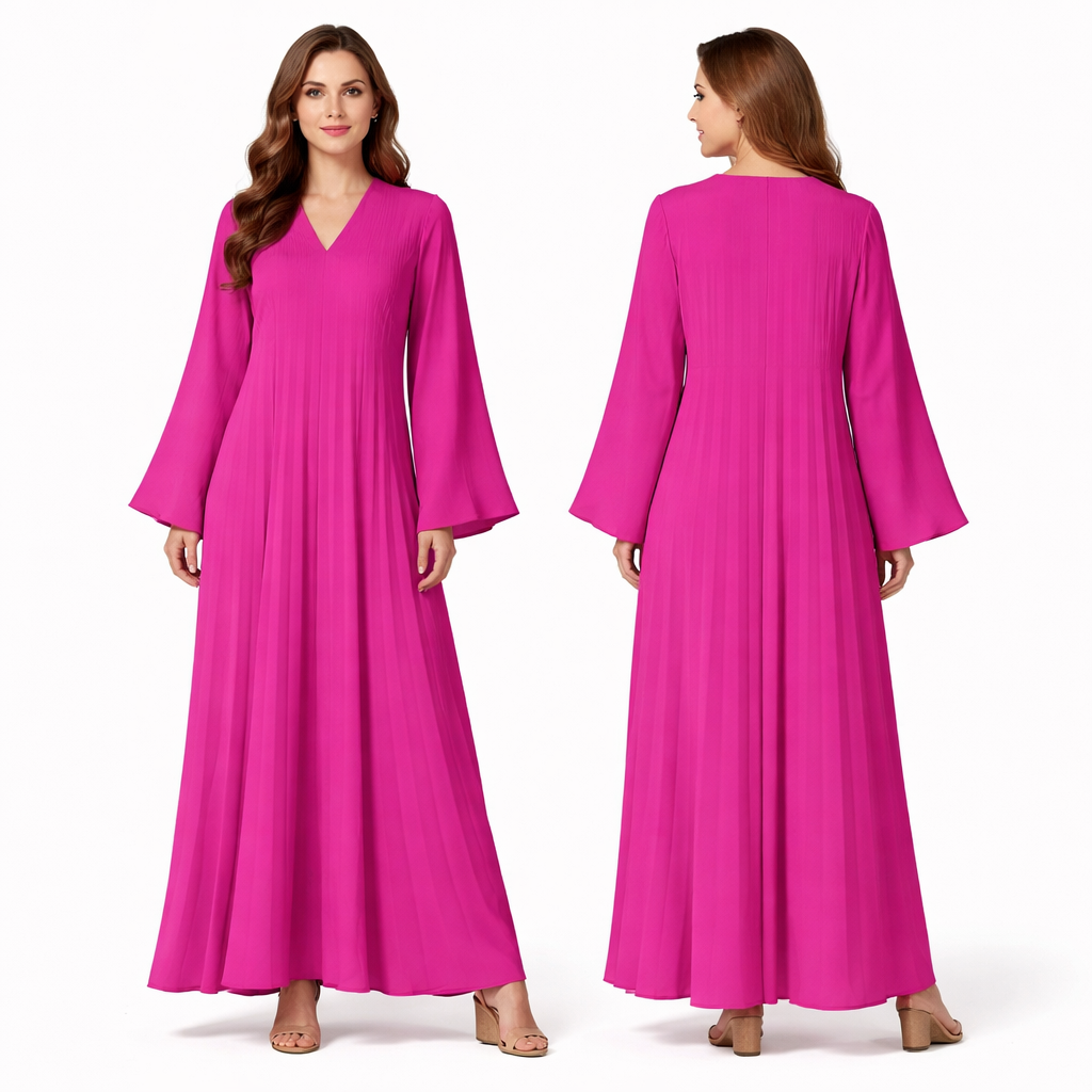 Robe longue plissée fluide col V – manches larges coupe oversize élégante