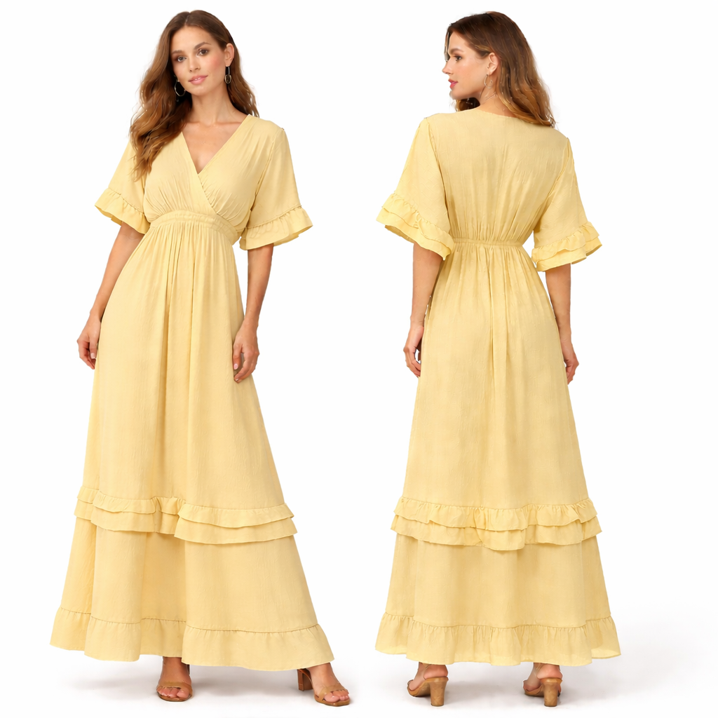 Robe longue fluide plissée col croisé – double volant bas & manches volantées