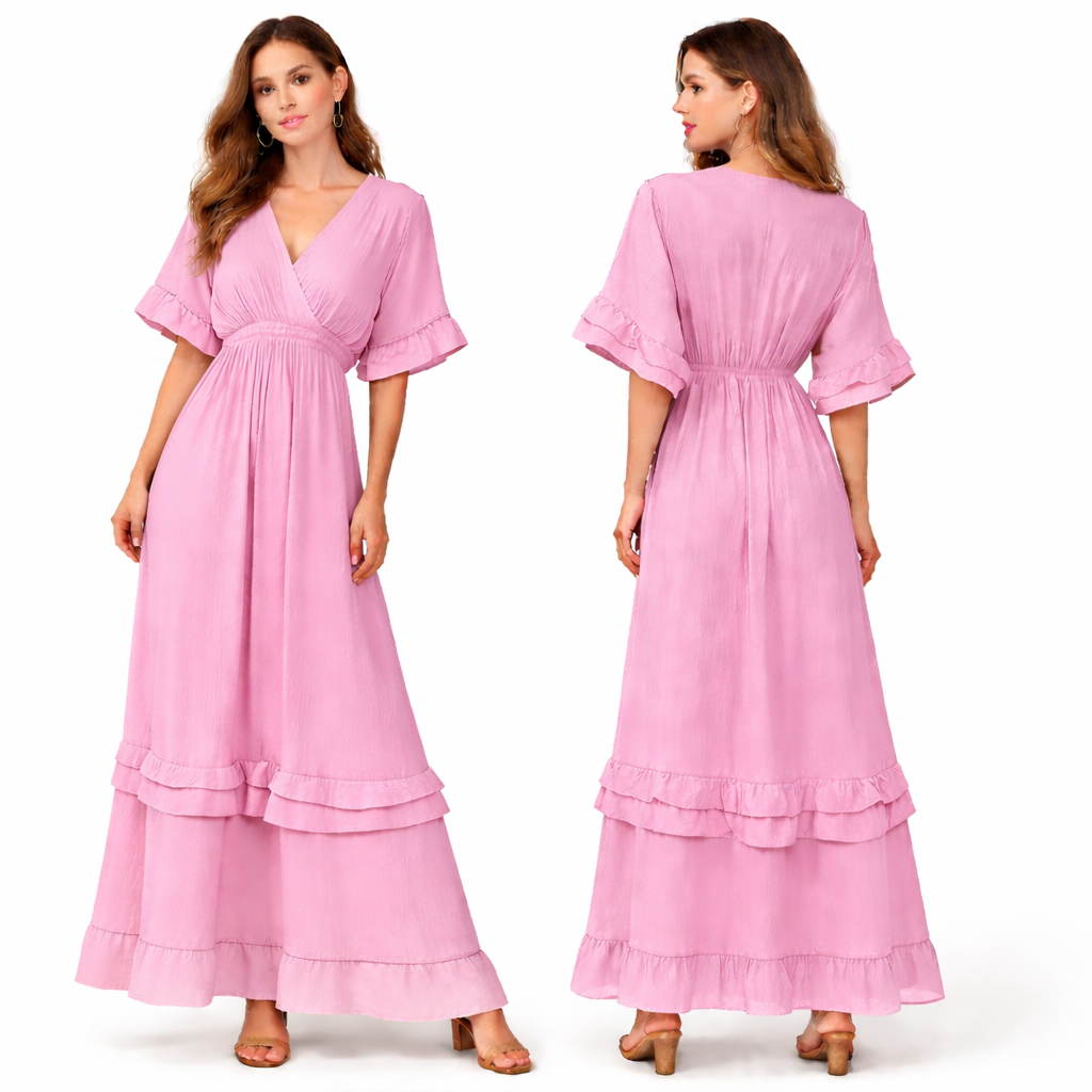 Robe longue fluide plissée col croisé – double volant bas & manches volantées