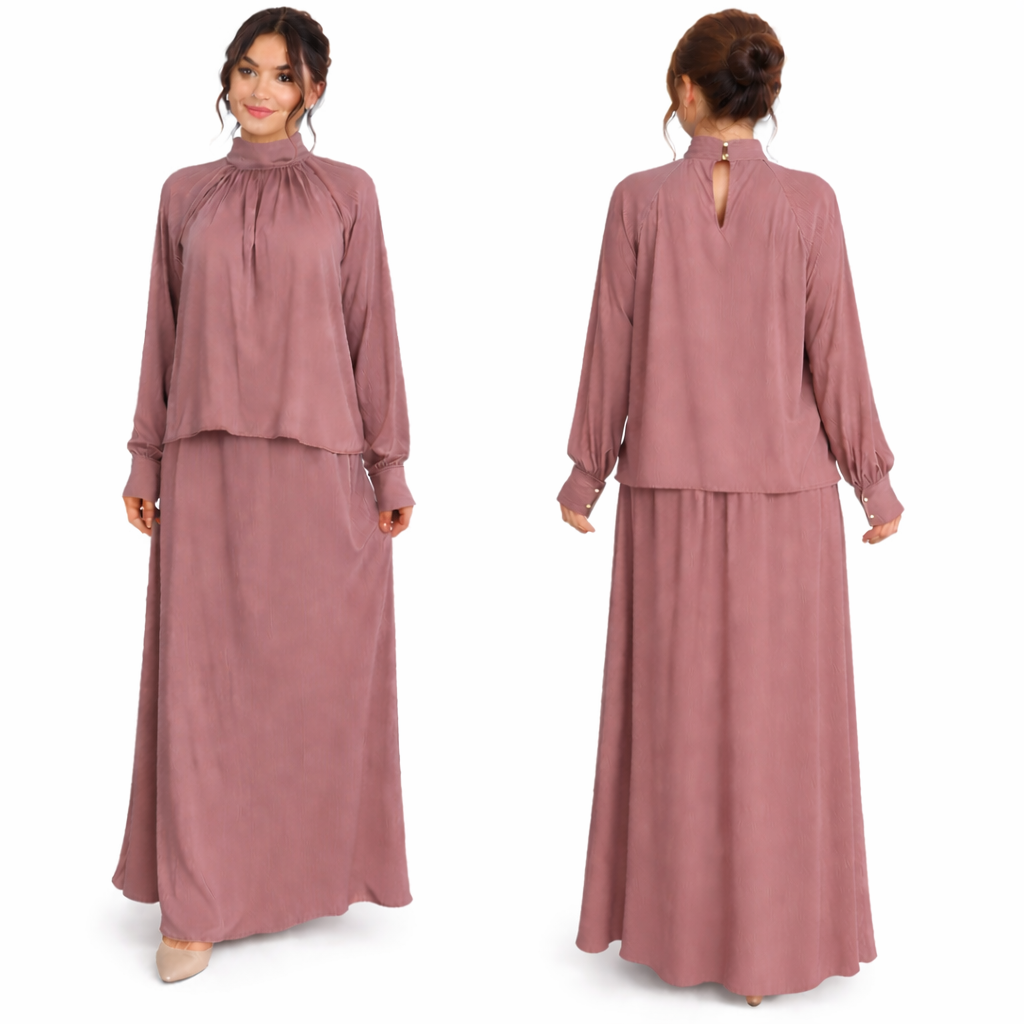 Conjunto falda larga fluida + top mangas largas cuello alto – atuendo elegante chic