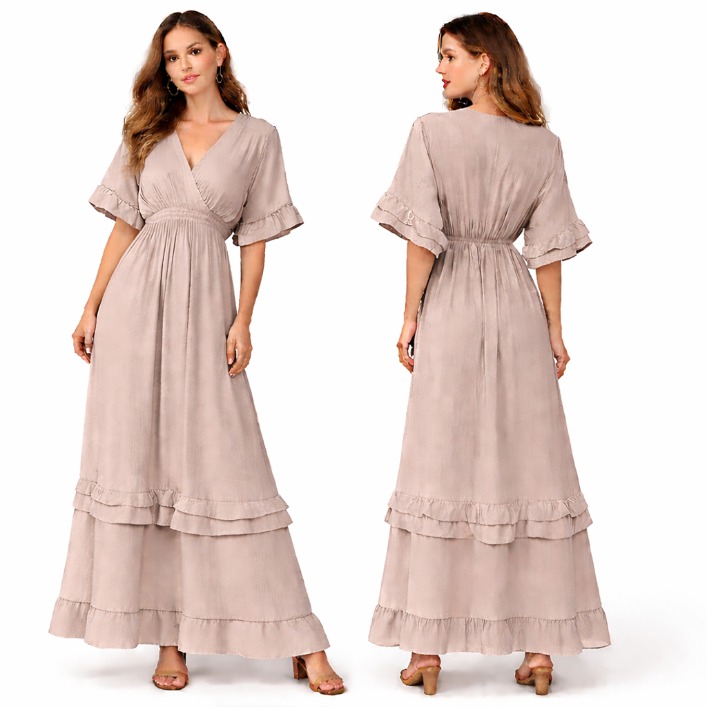 Robe longue fluide plissée col croisé – double volant bas & manches volantées