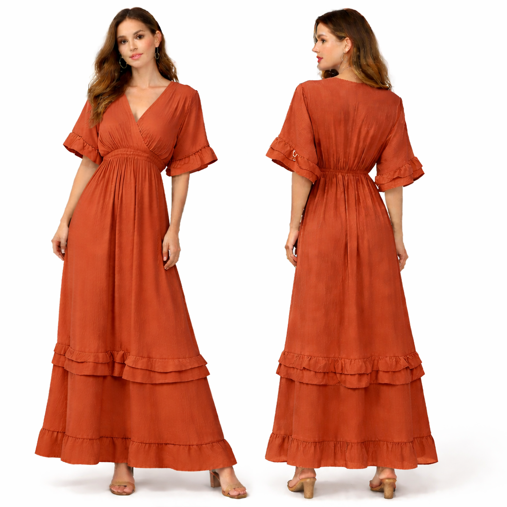 Robe longue fluide plissée col croisé – double volant bas & manches volantées