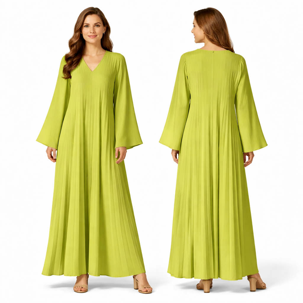 Robe longue plissée fluide col V – manches larges coupe oversize élégante