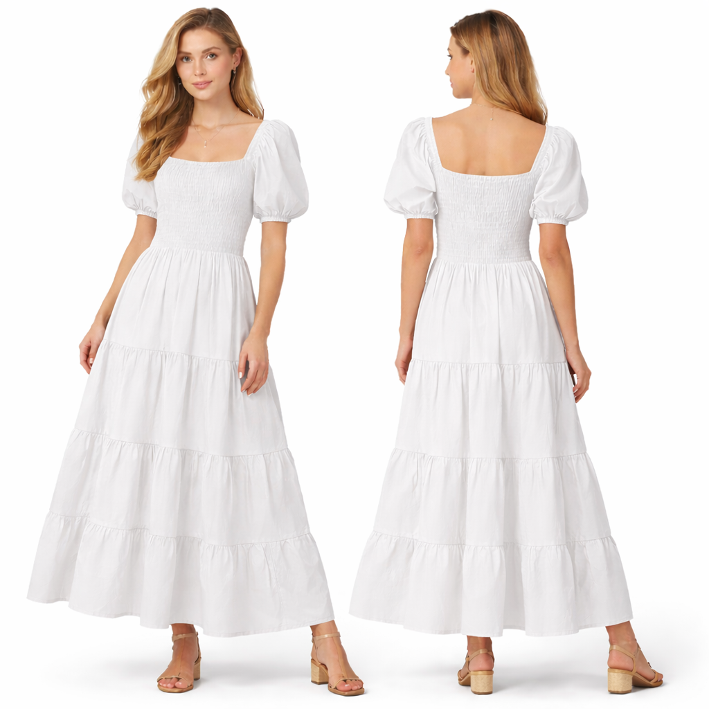 Robe longue femme smockée manches bouffantes coupe fluide à volants style élégant été