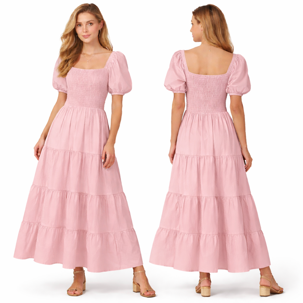 Robe longue femme smockée manches bouffantes coupe fluide à volants style élégant été