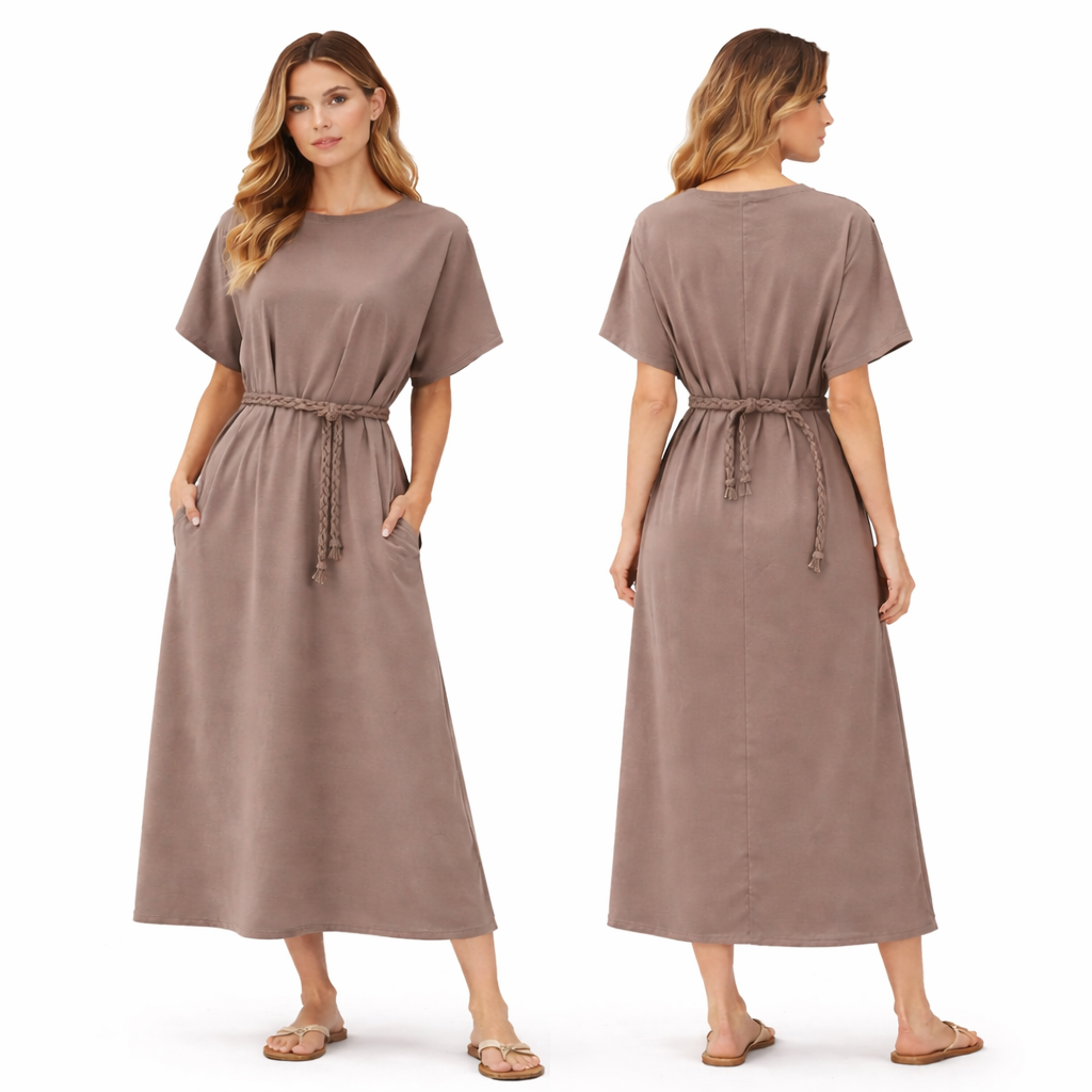 Vestido mujer oversize mangas cortas con cinturón para anudar y bolsillos laterales corte fluido cómodo