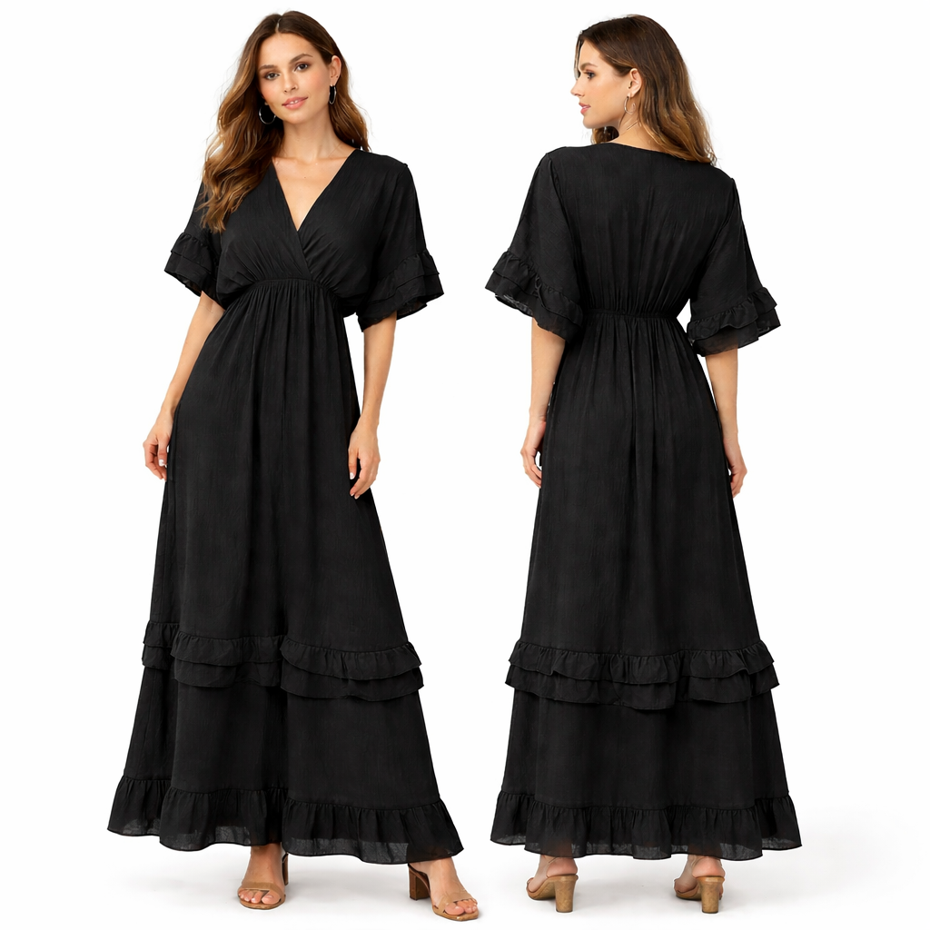 Robe longue fluide plissée col croisé – double volant bas & manches volantées