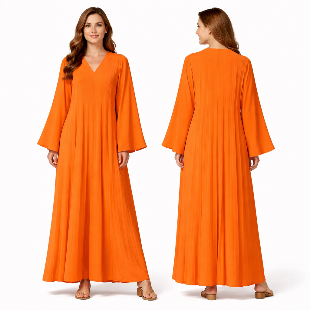Robe longue plissée fluide col V – manches larges coupe oversize élégante