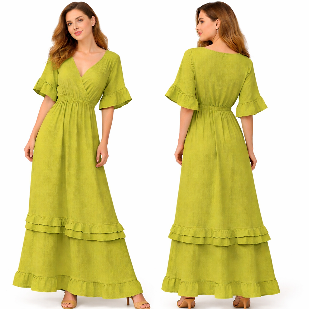 Robe longue fluide plissée col croisé – double volant bas & manches volantées