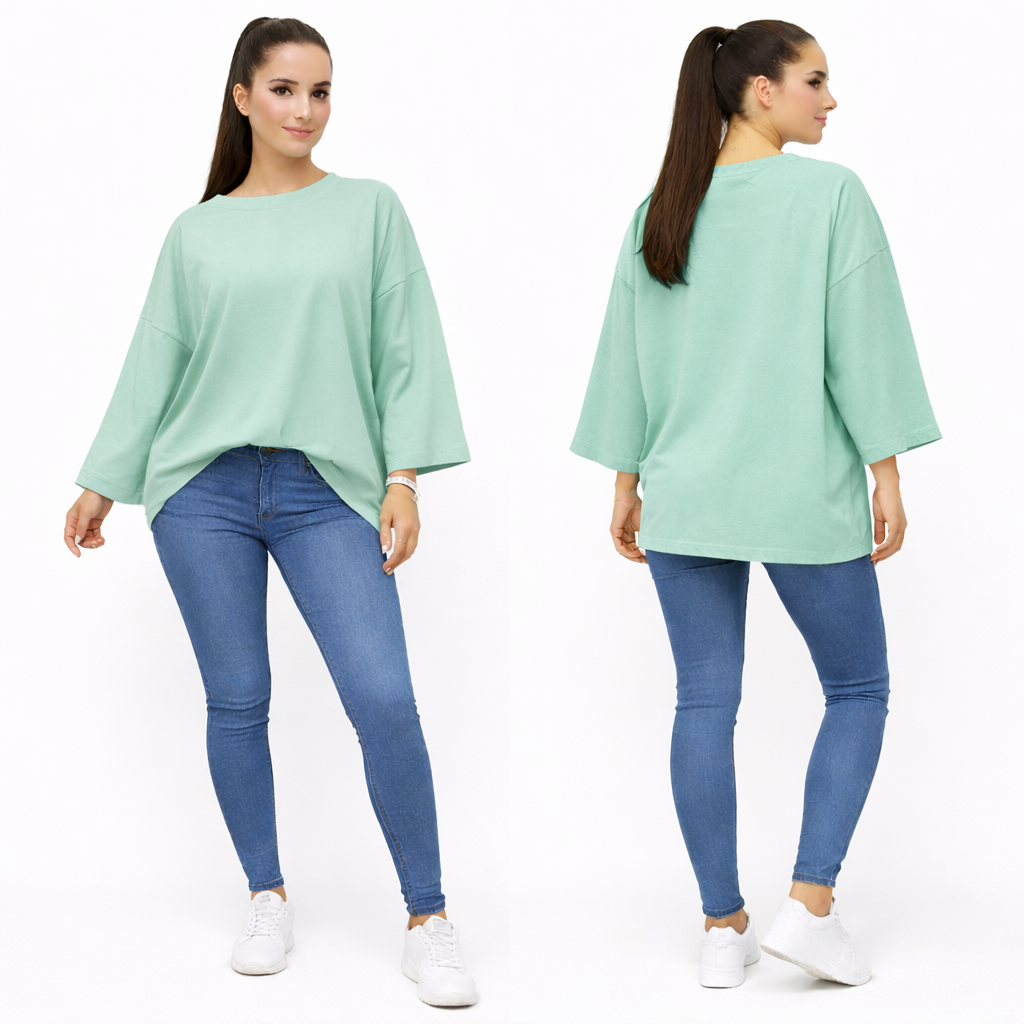Women's oversized plain long sleeve 100% cotton T-shirt – relaxed fit, trendy basic