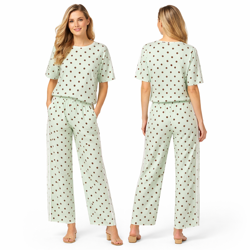 Ensemble femme 2 pièces oversize t-shirt manches courtes + pantalon fluide large à pois avec double bandes latérales style premium