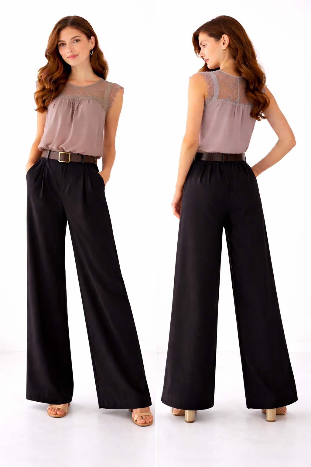 Pantalon large taille haute avec ceinture – coupe fluide élégante – taille unique