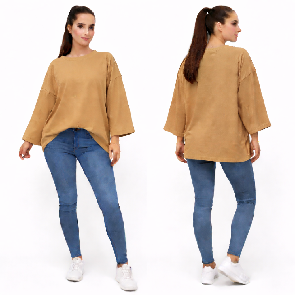 Women's oversized plain long sleeve 100% cotton T-shirt – relaxed fit, trendy basic