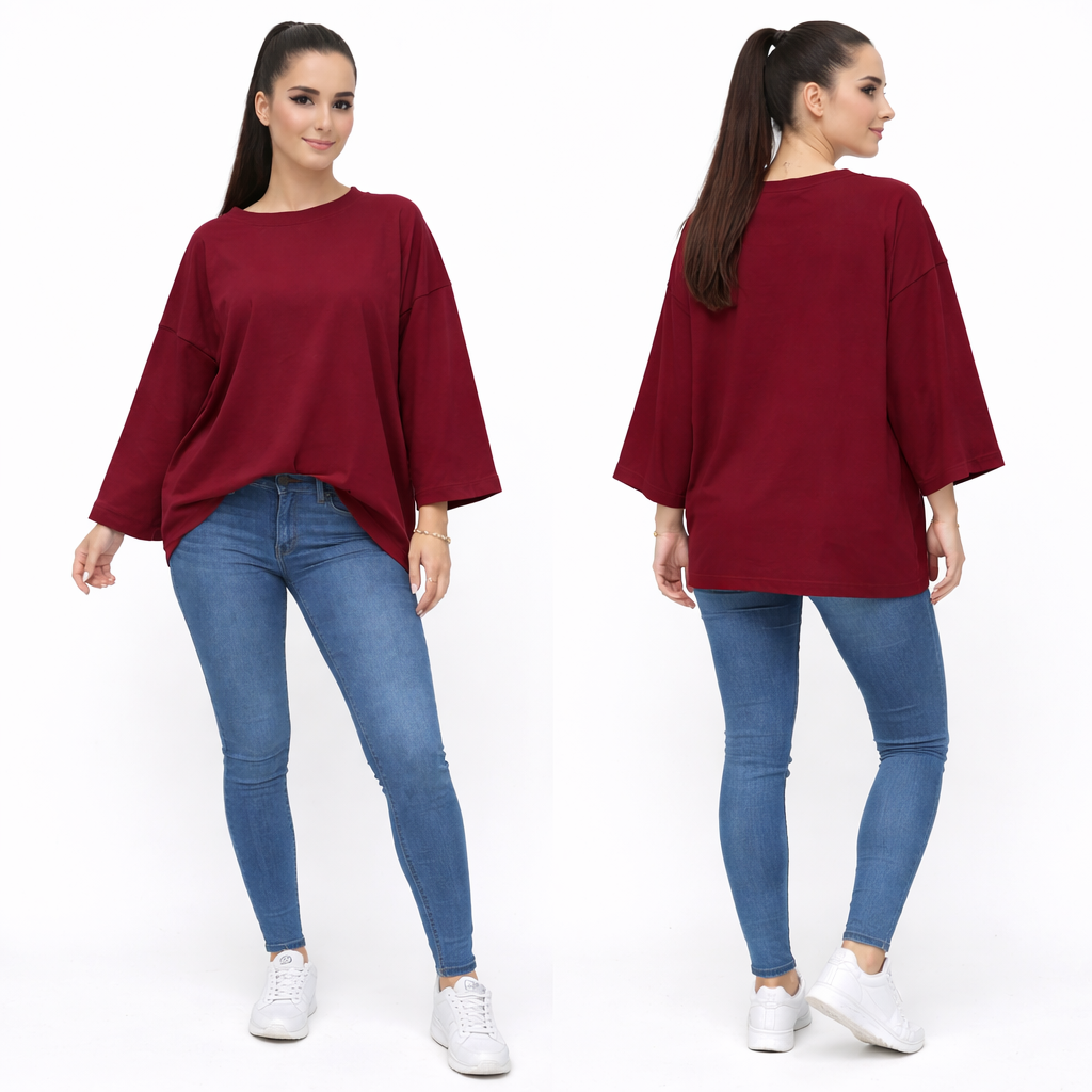 Women's oversized plain long sleeve 100% cotton T-shirt – relaxed fit, trendy basic