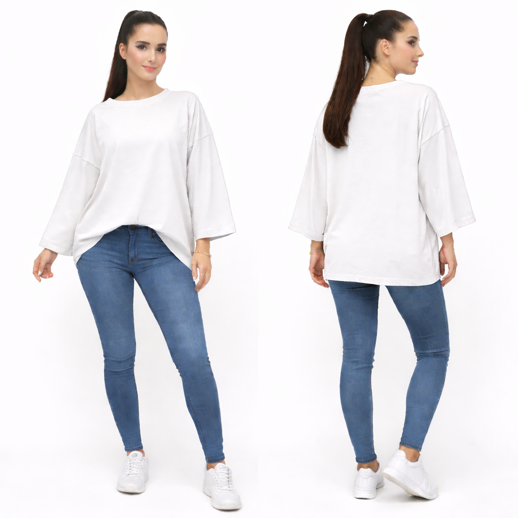 Women's oversized plain long sleeve 100% cotton T-shirt – relaxed fit, trendy basic