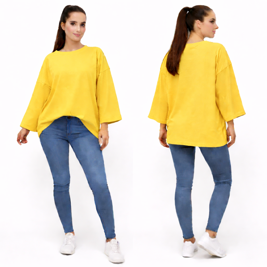 Women's oversized plain long sleeve 100% cotton T-shirt – relaxed fit, trendy basic