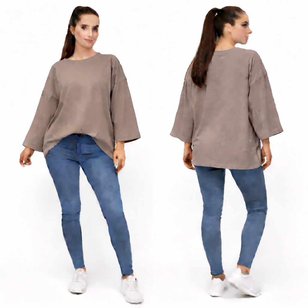 Women's oversized plain long sleeve 100% cotton T-shirt – relaxed fit, trendy basic