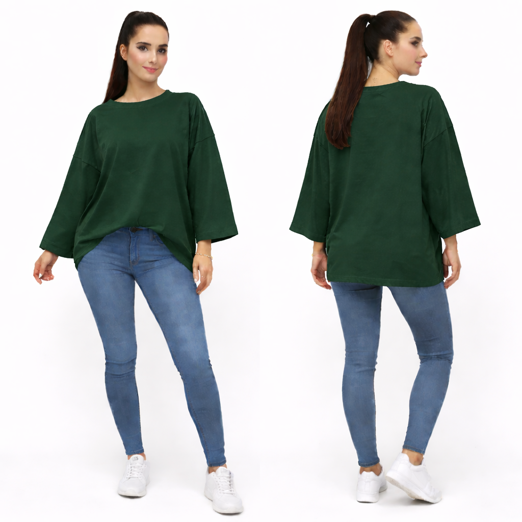 Women's oversized plain long sleeve 100% cotton T-shirt – relaxed fit, trendy basic
