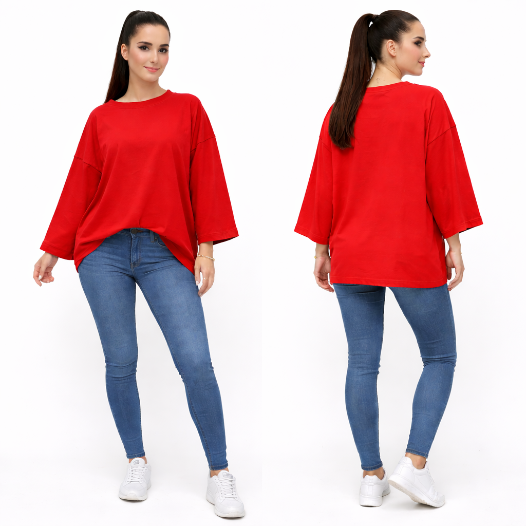 Women's oversized plain long sleeve 100% cotton T-shirt – relaxed fit, trendy basic