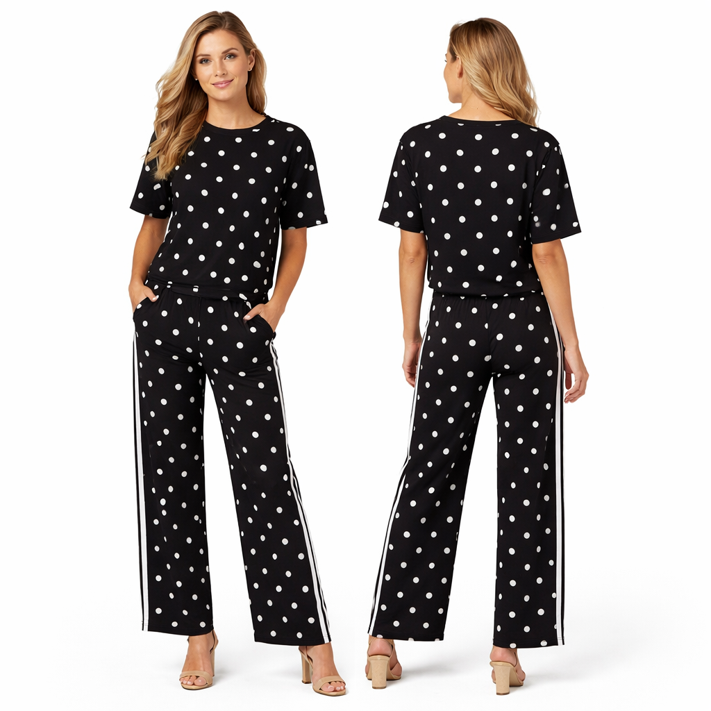 Ensemble femme 2 pièces oversize t-shirt manches courtes + pantalon fluide large à pois avec double bandes latérales style premium
