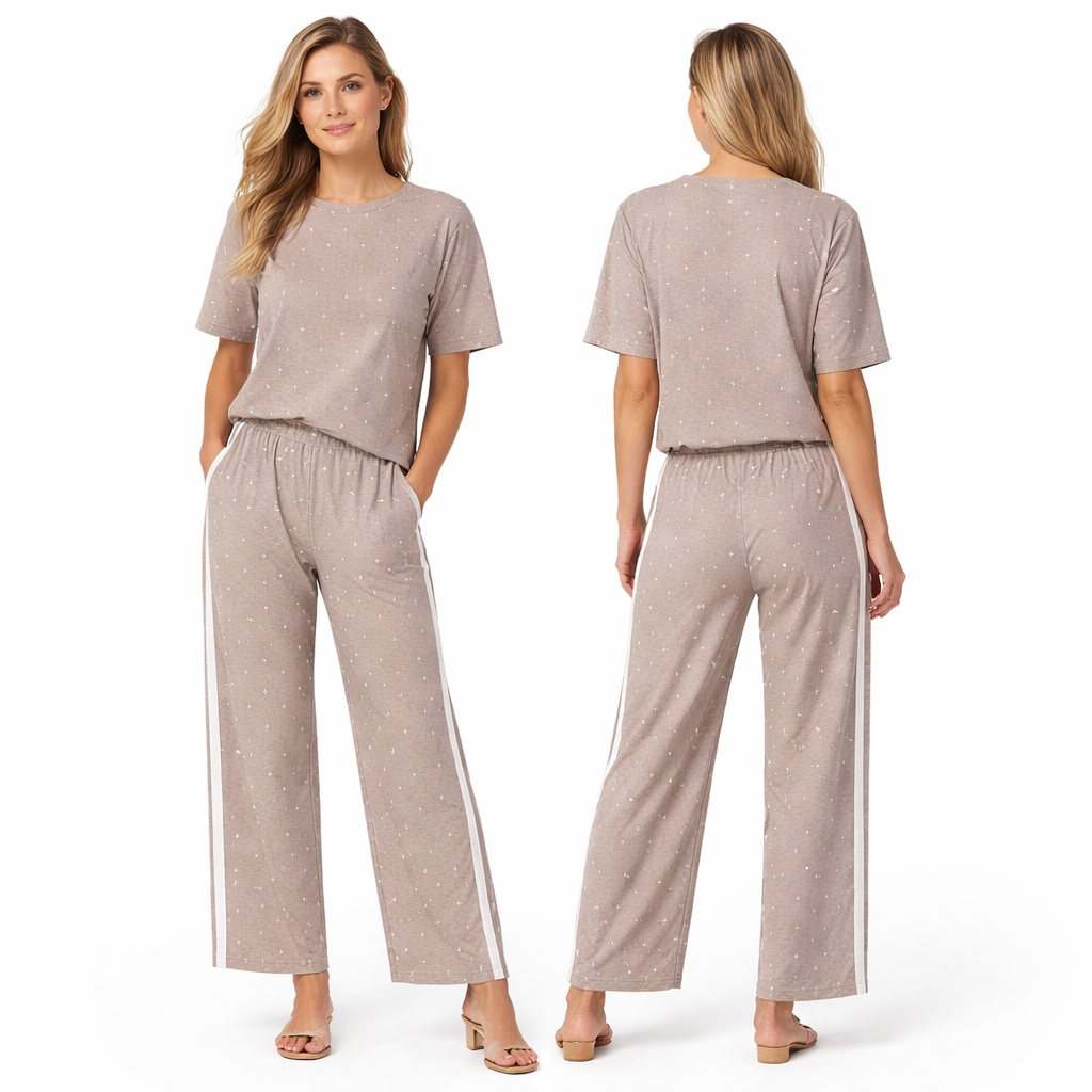 Ensemble femme 2 pièces oversize t-shirt manches courtes + pantalon fluide large à pois avec double bandes latérales style premium