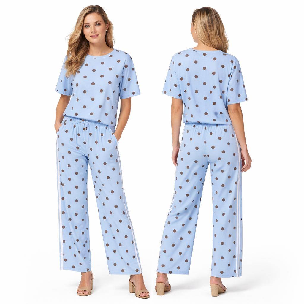 Ensemble femme 2 pièces oversize t-shirt manches courtes + pantalon fluide large à pois avec double bandes latérales style premium