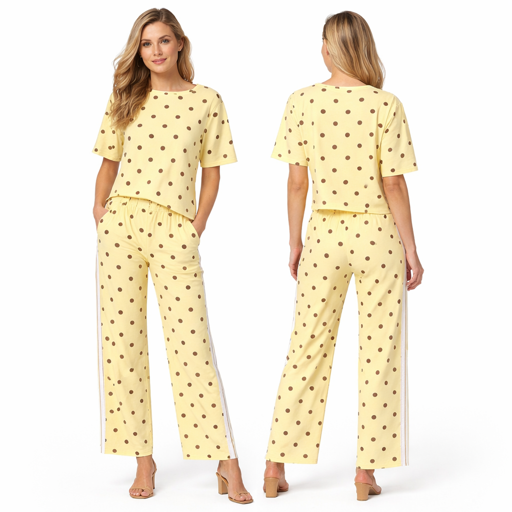 Ensemble femme 2 pièces oversize t-shirt manches courtes + pantalon fluide large à pois avec double bandes latérales style premium