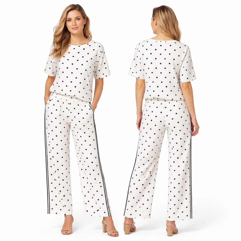 Ensemble femme 2 pièces oversize t-shirt manches courtes + pantalon fluide large à pois avec double bandes latérales style premium