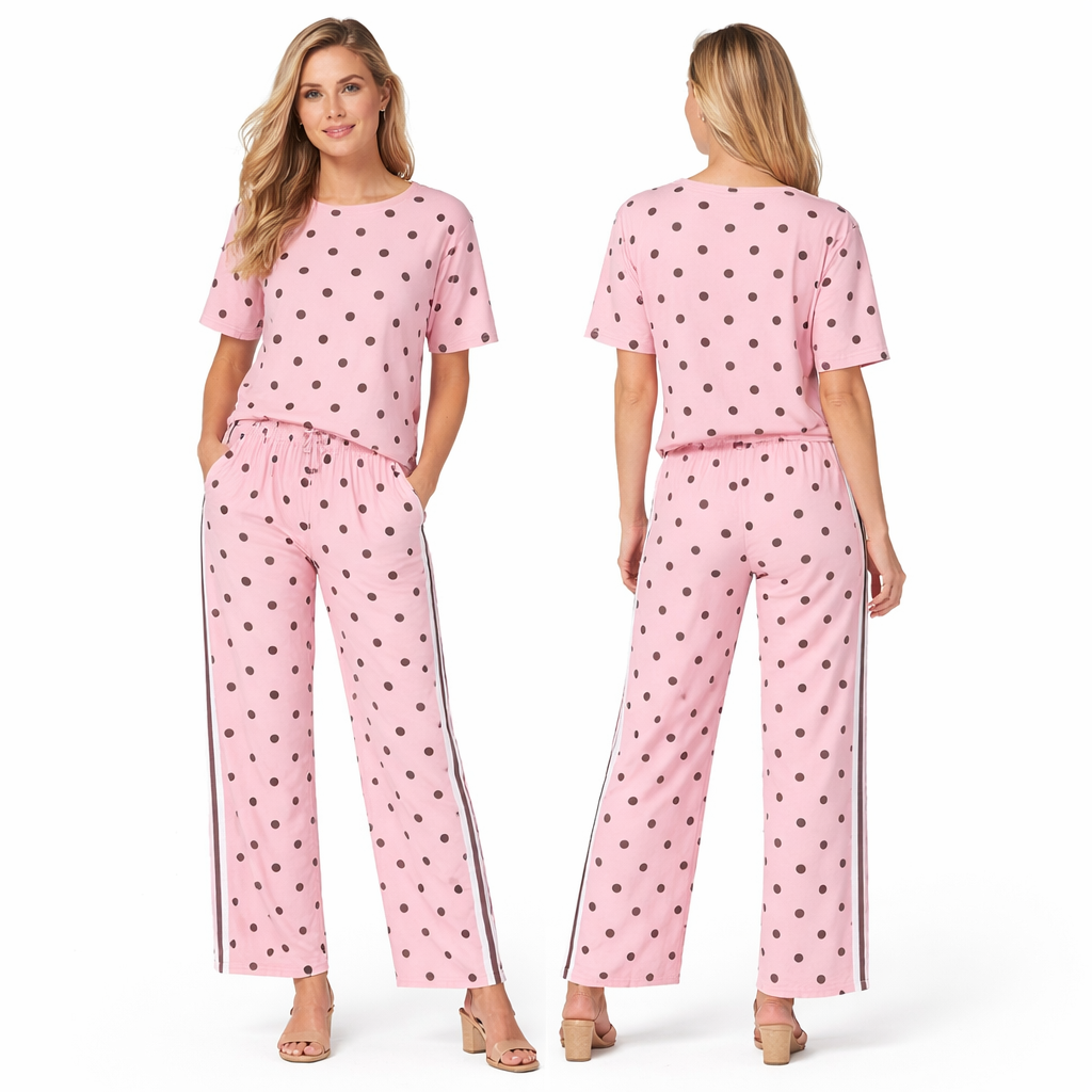 Ensemble femme 2 pièces oversize t-shirt manches courtes + pantalon fluide large à pois avec double bandes latérales style premium