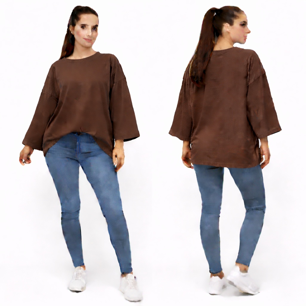 Women's oversized plain long sleeve 100% cotton T-shirt – relaxed fit, trendy basic