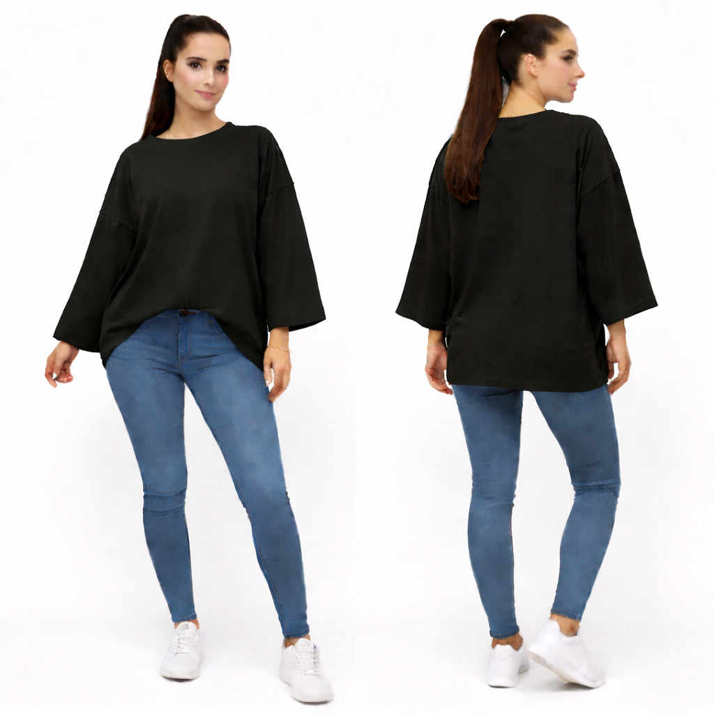 Women's oversized plain long sleeve 100% cotton T-shirt – relaxed fit, trendy basic