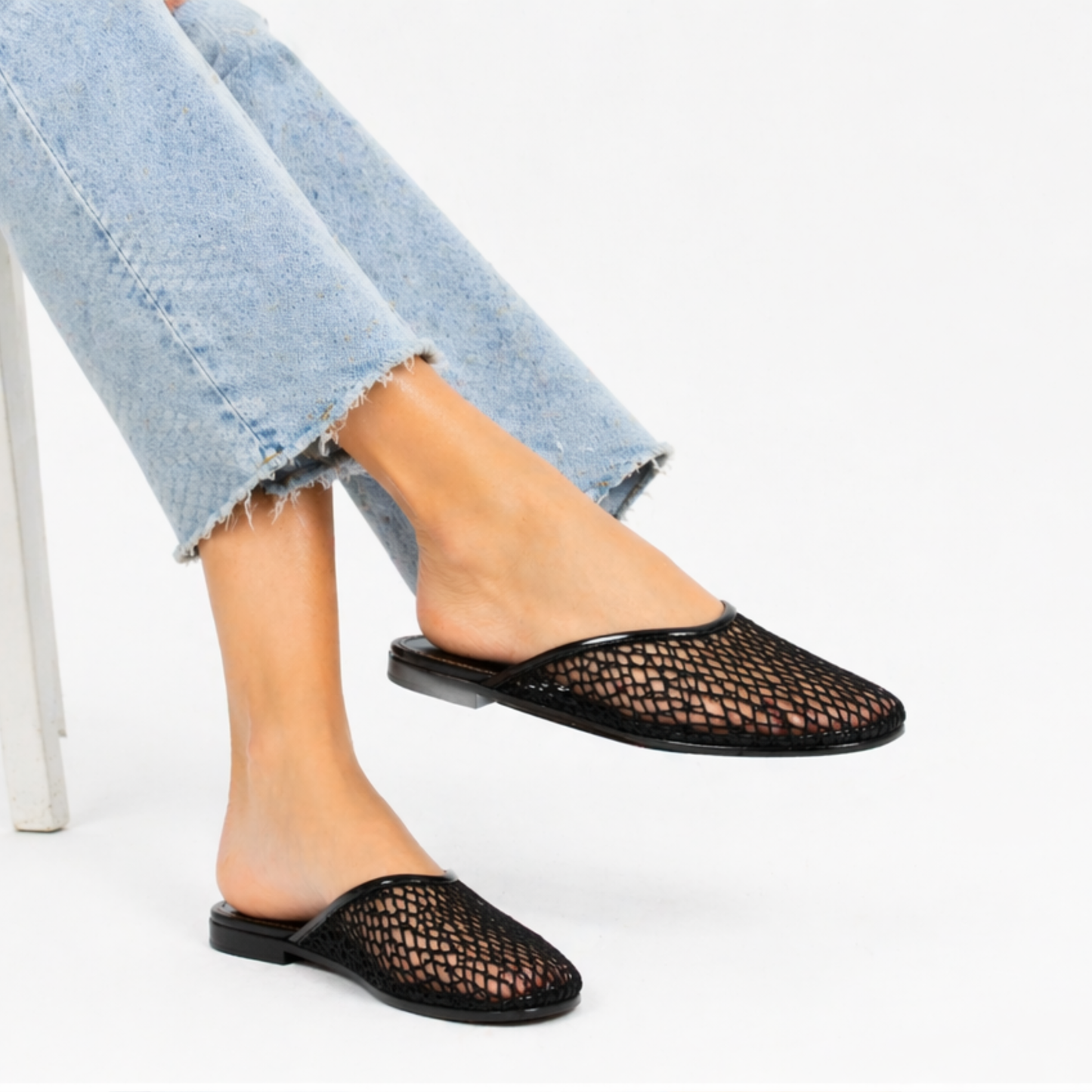 Women's Flat Mesh Mules | Square Toe Net Shoes Black and Red | Summer Trend