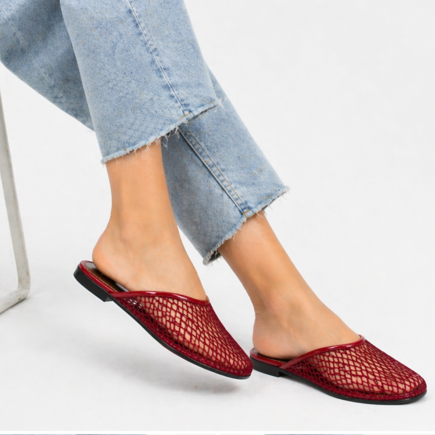 Women's Flat Mesh Mules | Square Toe Net Shoes Black and Red | Summer Trend