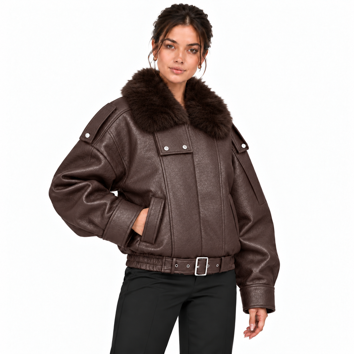 Blouson femme effet cuir à col fourrure et ceinture
