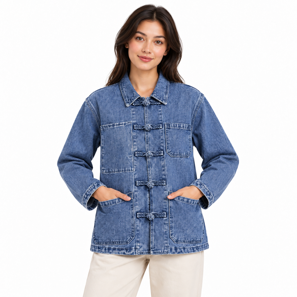 Veste en jean femme bleu délavé à poches et boutons noués