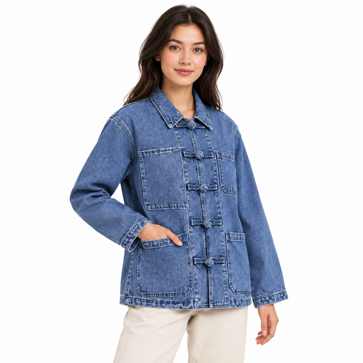 Veste en jean femme bleu délavé à poches et boutons noués