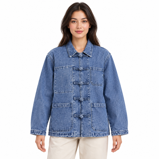 Veste en jean femme bleu délavé à poches et boutons noués