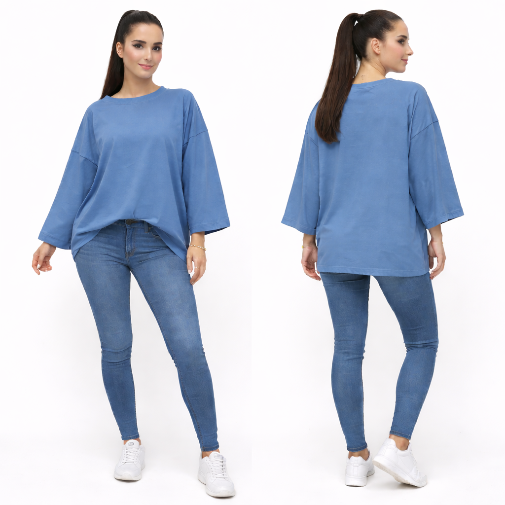 Women's oversized plain long sleeve 100% cotton T-shirt – relaxed fit, trendy basic