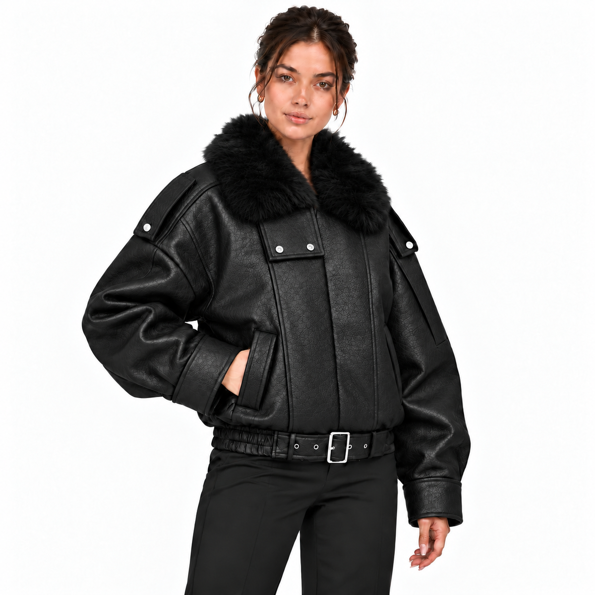 Blouson femme effet cuir à col fourrure et ceinture