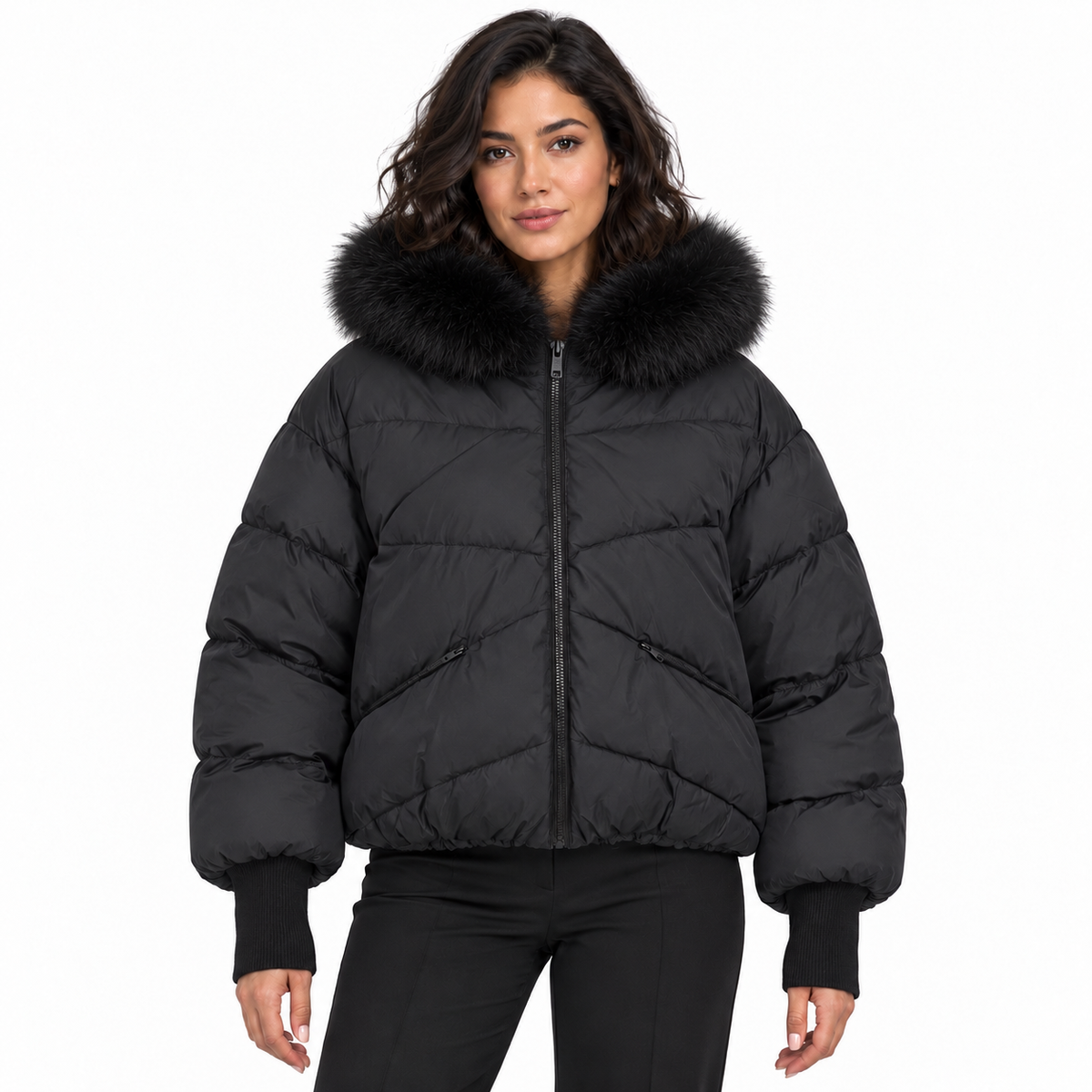 Doudoune courte femme Naïa – Capuche bordée de fausse fourrure