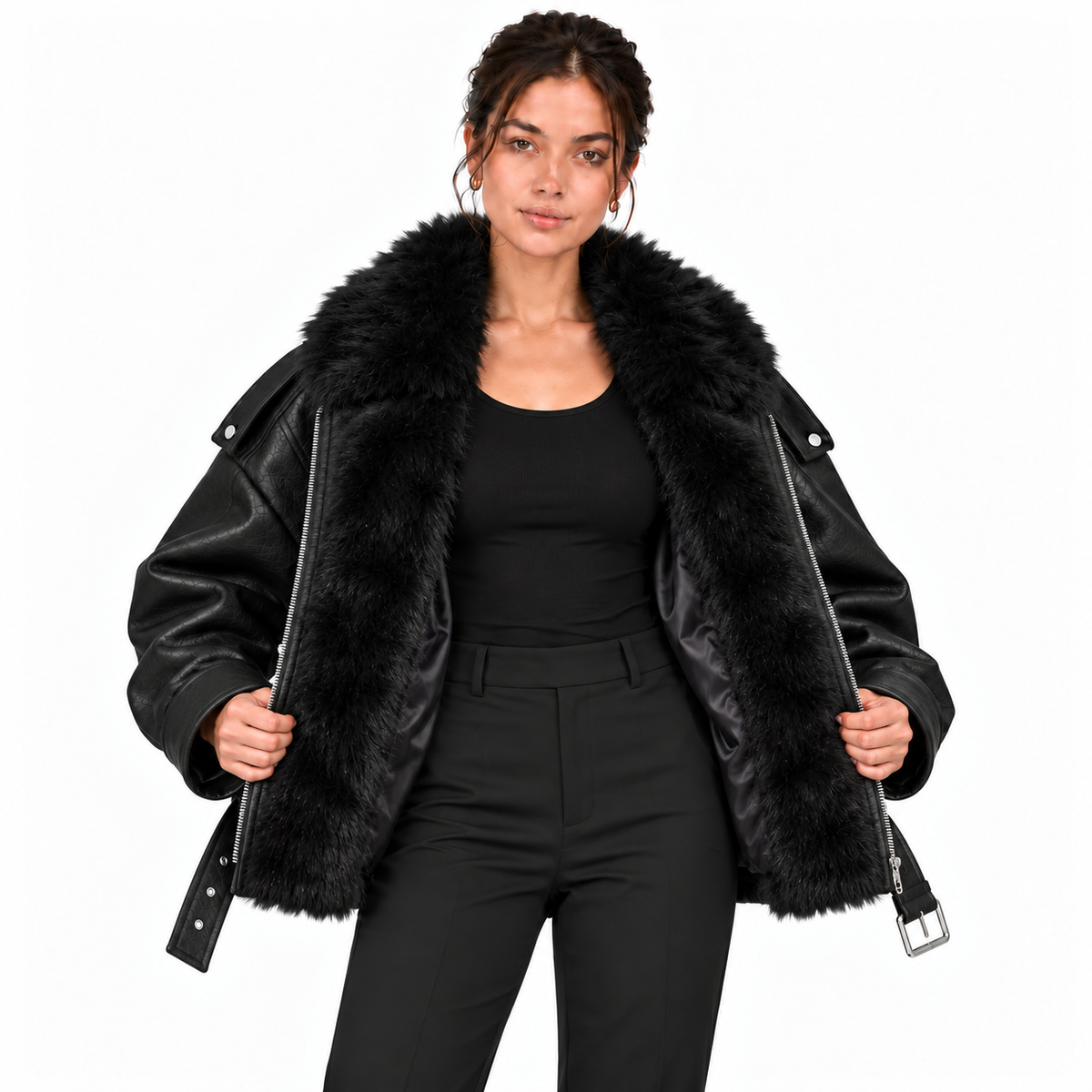 Blouson femme effet cuir à col fourrure et ceinture